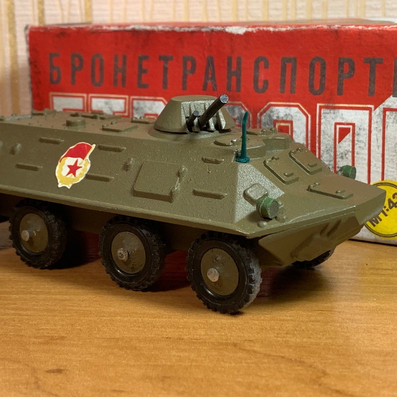 Vintage 1980s BTR-60P scale military wheeled armored personnel carrier apc. 1/43 in the original box. Original soviet military toy image 1