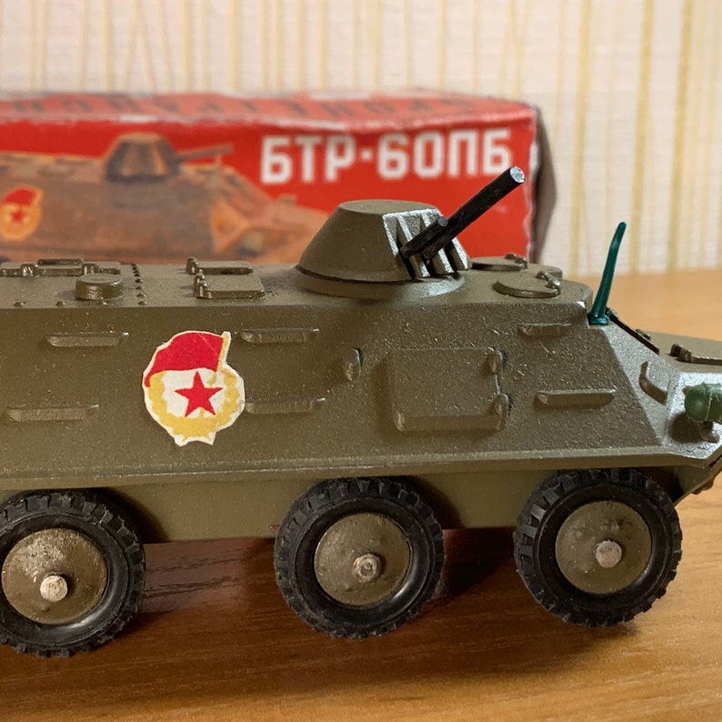 Vintage 1980s BTR-60P scale military wheeled armored personnel carrier apc. 1/43 in the original box. Original soviet military toy image 6