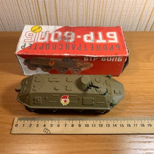 Vintage 1980s BTR-60P scale military wheeled armored personnel carrier apc. 1/43 in the original box. Original soviet military toy image 10