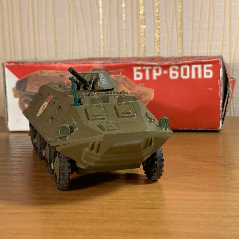 Vintage 1980s BTR-60P scale military wheeled armored personnel carrier apc. 1/43 in the original box. Original soviet military toy image 3