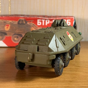 Vintage 1980s BTR-60P scale military wheeled armored personnel carrier apc. 1/43 in the original box. Original soviet military toy image 4