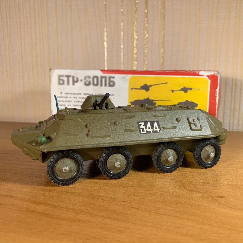 Vintage 1980s BTR-60P scale military wheeled armored personnel carrier apc. 1/43 in the original box. Original soviet military toy image 5