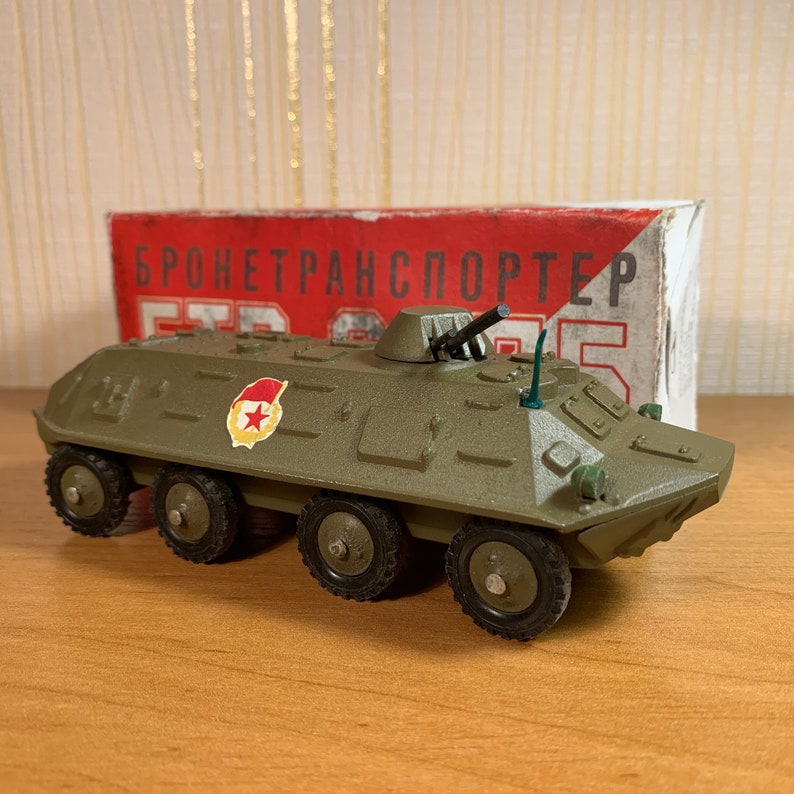 Vintage 1980s BTR-60P scale military wheeled armored personnel carrier apc. 1/43 in the original box. Original soviet military toy image 2
