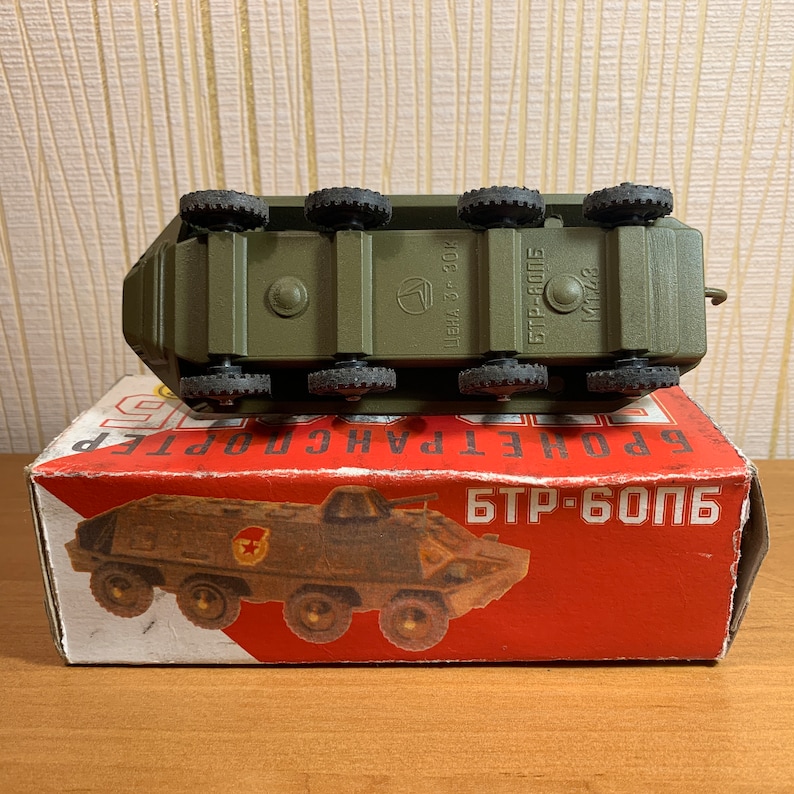 Vintage 1980s BTR-60P scale military wheeled armored personnel carrier apc. 1/43 in the original box. Original soviet military toy image 9