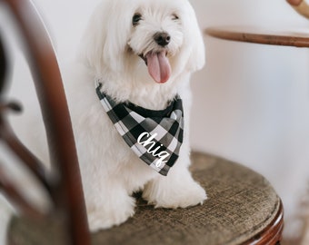 Cravatta personalizzata con bandana scozzese natalizia per cani scozzesi bianchi con più colori. Bandana scozzese verde rosso blu e bianco
