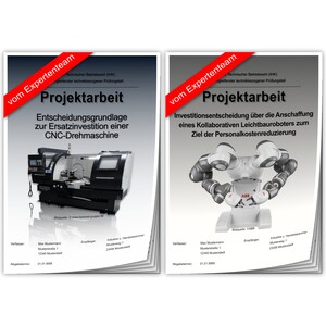 Könnte beinhalten: Zwei Dokumente mit roten Überschriften "Projektarbeit" vom Expertenteam. Das erste Dokument zeigt eine CNC-Drehmaschine. Das zweite Dokument zeigt einen weißen kollaborativen Roboter mit dem Text "ABB" auf der Brust.