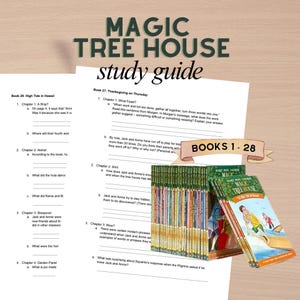 May include: A Magic Tree House study guide featuring printed worksheets for books 27 and 28, alongside a collection of 28 books with colourful illustrated covers. A tan banner with the text BOOKS 1-28 is positioned over the book stack.