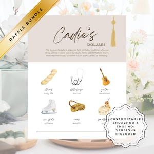 Doljabi Zhuazhou Thoi Noi First Birthday Sign: Customizable Pink Theme (Digital Template, Watercolor Icons)