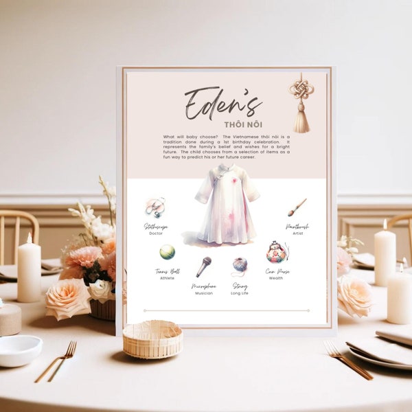 Thoi Noi Board Sign for Vietnamese First Birthday with Ao Dai (Girl) - Customizable Digital Template, Includes 3 Sizes