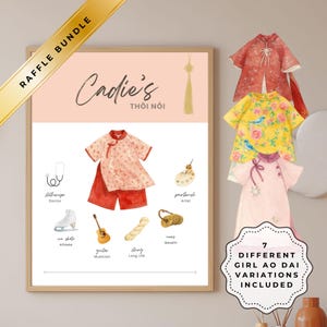 May include: A framed print featuring a watercolor illustration of a girl's Ao Dai outfit, with additional variations. The print includes illustrations of a stethoscope, ice skate, guitar, paintbrush, coins, and a string. Text reads "Cadie's Thoi Noi".