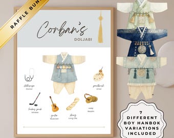 Blue Green Doljabi Poster Bundle Printable | Korean First Birthday Dol Party Sign, Boy Hanbok, Editable Template (Digital Download)