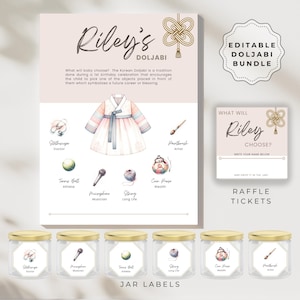 Doljabi Board Sign Poster BUNDLE for Korean First Birthday with Hanbok (Girl) - Customizable Digital Template, Includes 3 Sizes