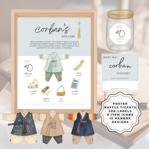 Paquete de carteles imprimibles para rifa de Doljabi / Letrero para juego de fiesta de primer cumpleaños coreano (Dol), Hanbok azul para niño, plantilla editable, 3 tamaños