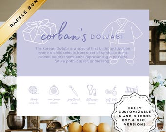 Blue Minimalist Doljabi First Birthday Sign Printable | Korean Raffle Game Bundle, Editable Template, Party Decor (Digital Download)