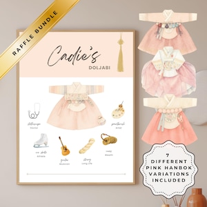 Peut inclure: Une affiche encadrée présentant une robe Hanbok rose et crème, avec des illustrations d'un stéthoscope, d'un patin à glace, d'une guitare, d'une ficelle, d'un pinceau et de pièces de monnaie. Le texte indique "Cadie's Doljabi" et "Raffle Bundle."