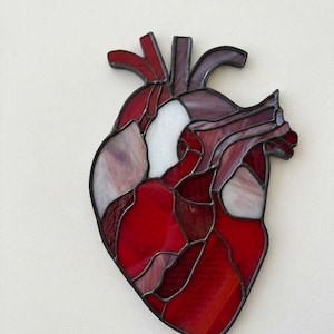 May include: A stained glass wall hanging shaped like an anatomical human heart. The piece is constructed from various shades of red, deep burgundy, and translucent white glass segments, all held together by dark metal solder lines in a mosaic style.