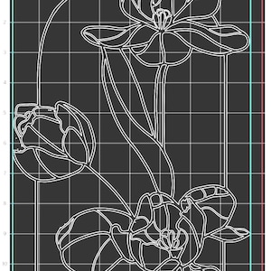 May include: A white line drawing of tulips on a black background. The design features three tulips in various stages of bloom, enclosed within a rectangular frame and a curved arch. The image has a grid overlay.