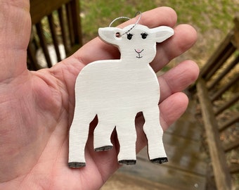 Hand-Painted Lamb Ornament: White & Black Wood