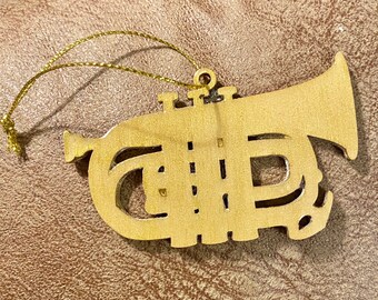 Hand Painted Gold Trumpet Ornament: 3" Wooden Musical Decor