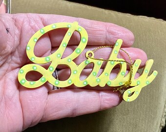 Hand-Painted Baby Ornament: Yellow Polka Dot Wood Decor