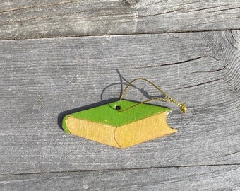 Hand-Painted Wood Book Ornament: Green & Gold Décor