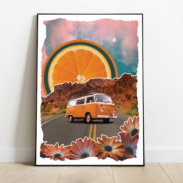 Van life : affiche, poster, cadre, collage, art, décoration murale, impression, surréalisme, rêve, orange, voyage, fleurs