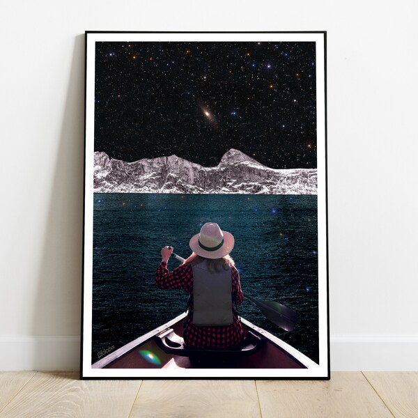 Lac étoilé : affiche, poster, cadre, collage, galaxie, art, lac, étoiles, décoration murale, impression, surréalisme, rêve