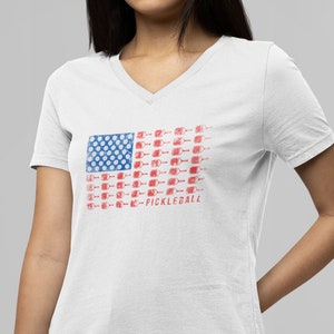 American Flag Pickleball V-Neck Tee, USA Pickleball, Pickle Ball Graphic Design Shirt, Women's Pickleball Shirt, Women's V-Neck Shirt