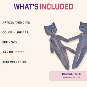 K&ouml;nnte beinhalten: Zwei bewegliche Katzenfiguren mit grauen, texturierten K&ouml;rpern und blauen Akzenten, neben Text, der die enthaltenen digitalen Dateien auflistet: 2 bewegliche Katzen, Farb- und Strichzeichnungen, PDF- und SVG-Formate, A4- und US-Letter-Gr&ouml;&szlig;en und eine Anleitung.