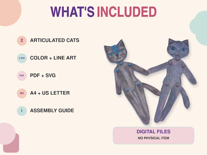 K&ouml;nnte beinhalten: Zwei bewegliche Katzenfiguren mit grauen, texturierten K&ouml;rpern und blauen Akzenten, neben Text, der die enthaltenen digitalen Dateien auflistet: 2 bewegliche Katzen, Farb- und Strichzeichnungen, PDF- und SVG-Formate, A4- und US-Letter-Gr&ouml;&szlig;en und eine Anleitung.