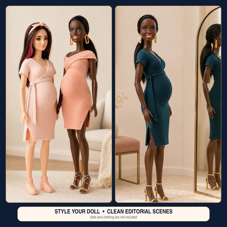 Puede incluir: Tres mu&ntilde;ecas de piel oscura y clara visten vestidos de maternidad acanalados en rosa claro, melocot&oacute;n y verde azulado oscuro. Las mu&ntilde;ecas tienen mangas cortas, corpi&ntilde;os cruzados y aberturas laterales. Texto inferior: STYLE YOUR DOLL &bull; CLEAN EDITORIAL SCENES dolls and clothing are not included.