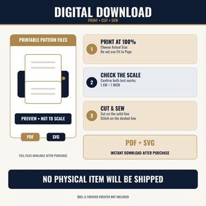 Op de afbeelding: Een digitale download-instructiegrafiek voor printbare patroonbestanden. Het bevat drie stappen: print op 100% werkelijke grootte, controleer de schaal met 1 cm en 1 inch testmarkeringen, knip op de doorgetrokken lijn en naai op de stippellijn. Bevat PDF- en SVG-pictogrammen.