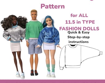 Fashion Doll Oversize Sweater Beginner Sewing Pattern, 11.5 in size doll lightweight Sweatshirt DIY Pattern 1:6 scale Sweatshirt for dolls