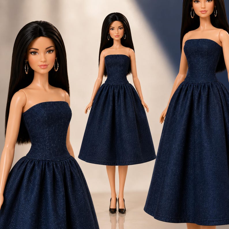 Pode incluir: Uma boneca com cabelos pretos longos e lisos vestindo um vestido sem al&ccedil;as de brim azul escuro com corpete justo e saia rodada. A boneca tem pele clara, brincos de argola e sapatos pretos de bico fino.