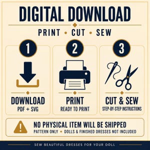 May include: A digital download instruction graphic with a cream background and dark blue text. It outlines three steps: 1. Download PDF + SVG, 2. Print, and 3. Cut & Sew with step-by-step instructions. Includes a warning: No physical item will be shipped.