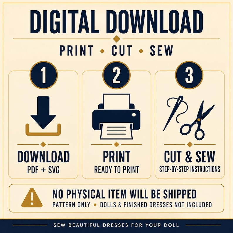 May include: A digital download instruction graphic with a cream background and dark blue text. It outlines three steps: 1. Download PDF + SVG, 2. Print, and 3. Cut & Sew with step-by-step instructions. Includes a warning: No physical item will be shipped.