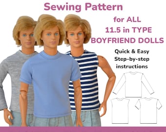 Male Doll T-shirt Sewing PDF Pattern, Set of 3 Clothes Long Sleeve DIY Pattern, Short Sleeve 1:6 scale Doll Outfit Pattern Sleeveless