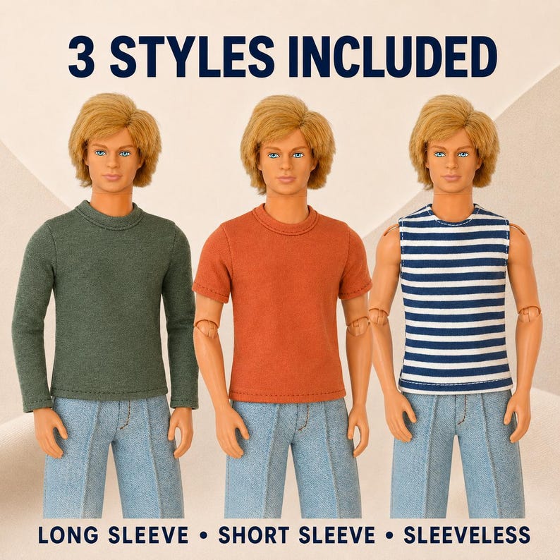 Puede incluir: Tres mu&ntilde;ecos id&eacute;nticos con cabello rubio y pantalones vaqueros azules, cada uno con una parte superior diferente. El texto 3 STYLES INCLUDED aparece arriba, con las etiquetas LONG SLEEVE, SHORT SLEEVE y SLEEVELESS bajo las camisas verde, naranja y a rayas.