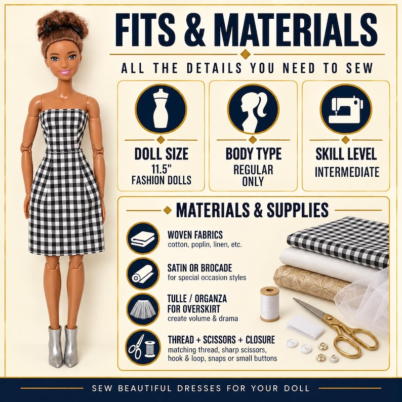 May include: A fashion doll wearing a black and white gingham dress and silver boots, alongside an infographic titled FITS & MATERIALS. It lists 11.5-inch doll size, regular body type, intermediate skill level, and fabric supplies like cotton, satin, and tulle.