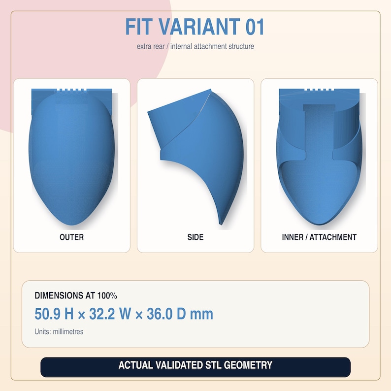 Puede incluir: Un modelo 3D azul etiquetado como FIT VARIANT 01 que muestra vistas exterior, lateral e interior. El texto dice DIMENSIONS AT 100% 50.9 H x 32.2 W x 36.0 D mm y ACTUAL VALIDATED STL GEOMETRY. El objeto tiene una forma redondeada de gota.