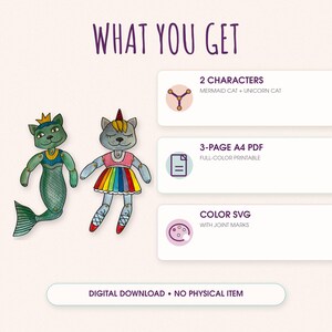 Pu&ograve; includere: Un download digitale con due personaggi gatto illustrati: un gatto sirena verde con corona e un gatto unicorno grigio con un vestito arcobaleno. Il testo include WHAT YOU GET, 2 CHARACTERS, 3-PAGE A4 PDF, COLOR SVG e DIGITAL DOWNLOAD &bull; NO PHYSICAL ITEM.