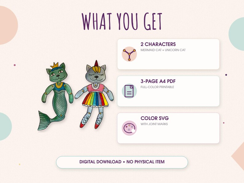 Pu&ograve; includere: Un download digitale con due personaggi gatto illustrati: un gatto sirena verde con corona e un gatto unicorno grigio con un vestito arcobaleno. Il testo include WHAT YOU GET, 2 CHARACTERS, 3-PAGE A4 PDF, COLOR SVG e DIGITAL DOWNLOAD &bull; NO PHYSICAL ITEM.