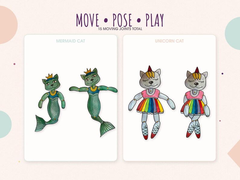 Pu&ograve; includere: Due set di bambole di carta articolate con la scritta MOVE &bull; POSE &bull; PLAY 15 MOVING JOINTS TOTAL. A sinistra, due gatti sirena verdi con corone dorate. A destra, due gatti unicorno grigi con top rosa e gonne arcobaleno.