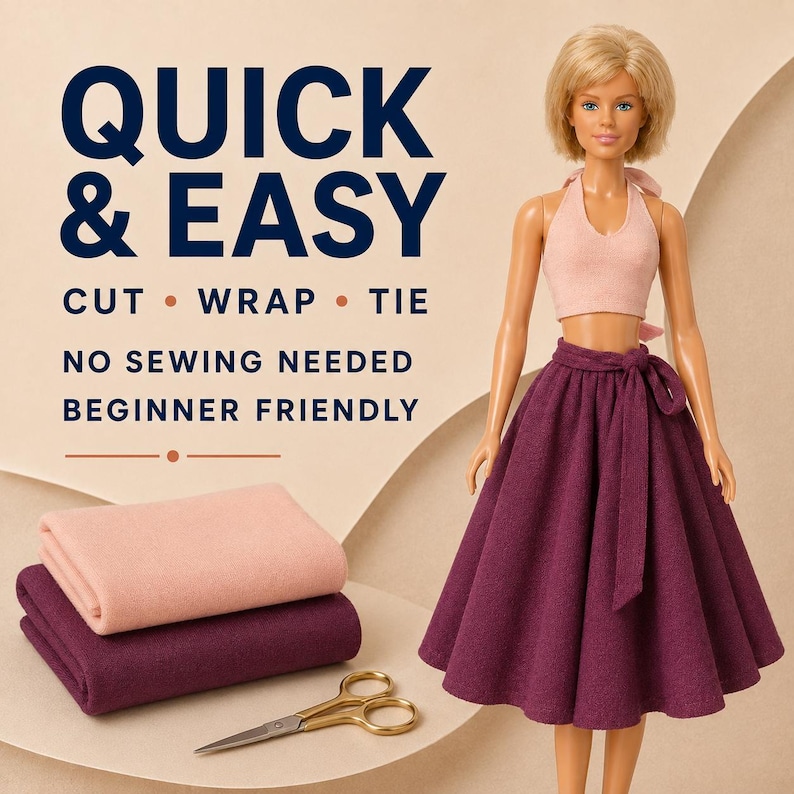 Pu&ograve; includere: Una bambola con un top rosa chiaro e una gonna a portafoglio viola scuro. Il testo recita: QUICK & EASY, CUT &bull; WRAP &bull; TIE, NO SEWING NEEDED, BEGINNER FRIENDLY. Sono presenti due pezzi di tessuto piegati rosa e viola e forbici dorate.