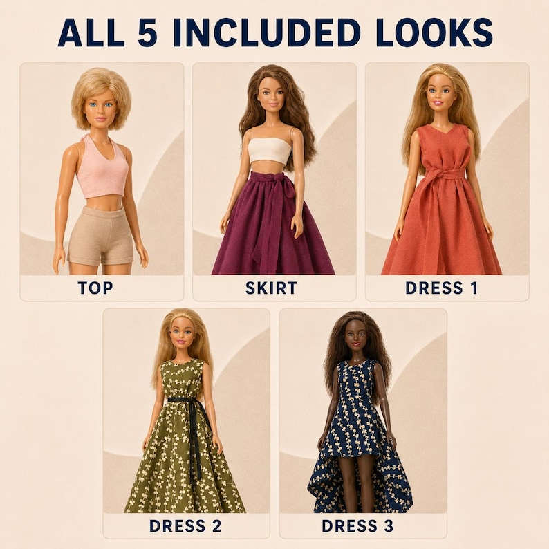 Pu&ograve; includere: Cinque outfit per bambole etichettati ALL 5 INCLUDED LOOKS. Include un top rosa all'americana con pantaloncini beige, un top a fascia bianco con gonna viola, un vestito color ruggine, un vestito verde a fiori con cintura nera e uno blu navy.