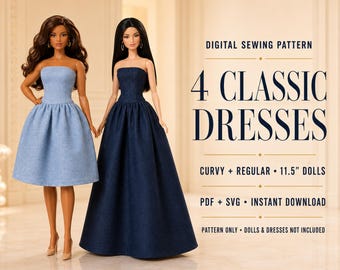 Op de afbeelding: Digitaal naaipatroon voor 4 klassieke jurken voor 29,2 cm curvy en standaard poppen. Inclusief PDF- en SVG-bestanden voor directe download. Twee poppen dragen strapless jurken van lichtblauwe en donkerblauwe stof.