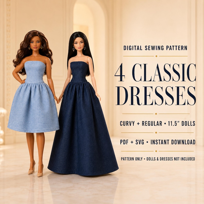 Pode incluir: Molde de costura digital para 4 vestidos cl&aacute;ssicos para bonecas curvy e regulares de 29,2 cm. Inclui ficheiros PDF e SVG para download imediato. Duas bonecas usam vestidos sem al&ccedil;as em tecido azul claro e azul marinho.