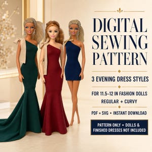 Pode incluir: Molde de costura digital para 3 estilos de vestidos de noite para bonecas de moda de 29-30 cm, regulares e curvilíneas. Inclui ficheiros PDF e SVG. Três bonecas usam vestidos de um ombro só em verde escuro, bordeaux e azul marinho.