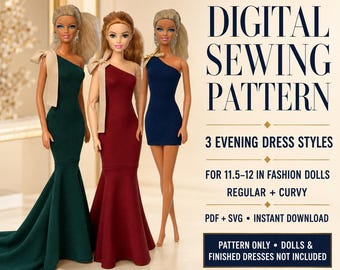 Può includere: Cartamodello digitale per 3 stili di abiti da sera per bambole alla moda da 29-30 cm, regolari e curvy. Include file PDF e SVG. Tre bambole indossano abiti monospalla in verde scuro, bordeaux e blu navy.