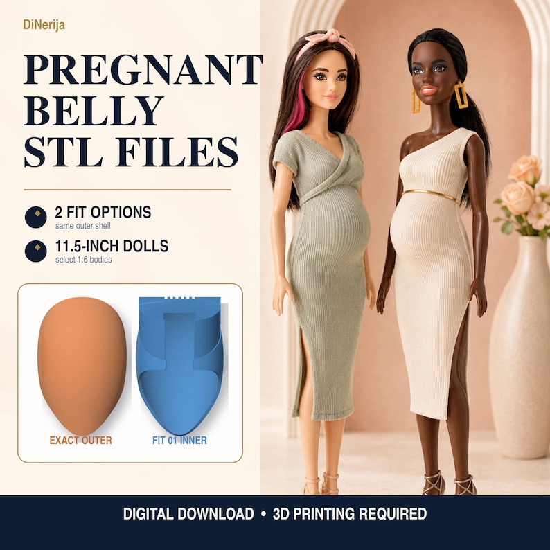 Puede incluir: Dos mu&ntilde;ecas de 29,2 cm con vestidos de maternidad acanalados. La mu&ntilde;eca izquierda viste un vestido verde salvia con cuello en V, la derecha un vestido crema de un solo hombro. Texto: PREGNANT BELLY STL FILES, 2 FIT OPTIONS, 11.5-INCH DOLLS.